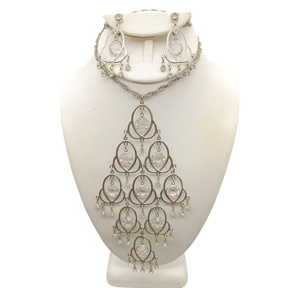 Vintage Celebrity NY Silver Chandelier Necklace & Earrings Set Dramatic Statemen - Picture 1 of 6